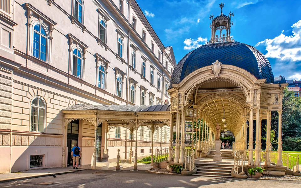 Ornate colonnade and buildings in Karlovy Vary