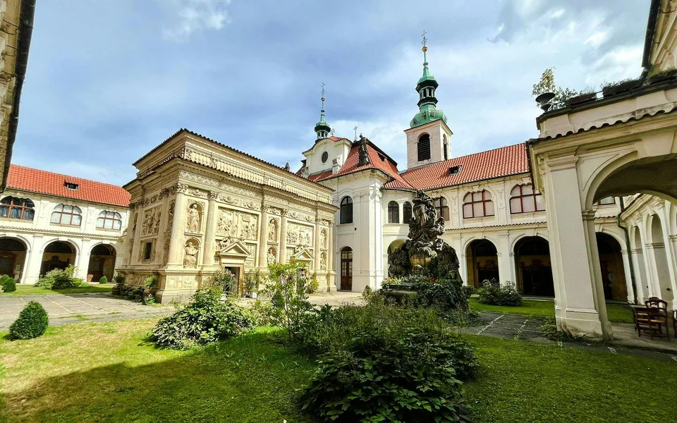 Courtyard garden and church buildings at Prague Loreto