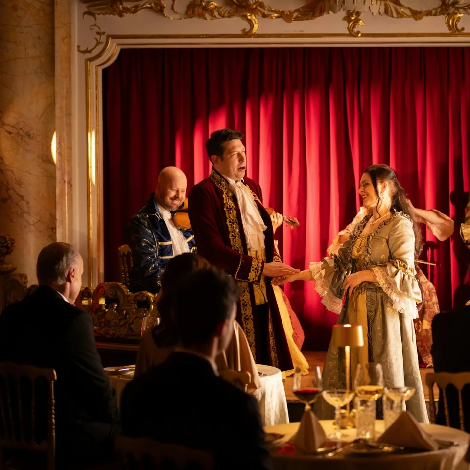 Opera singers performing beside dinner tables