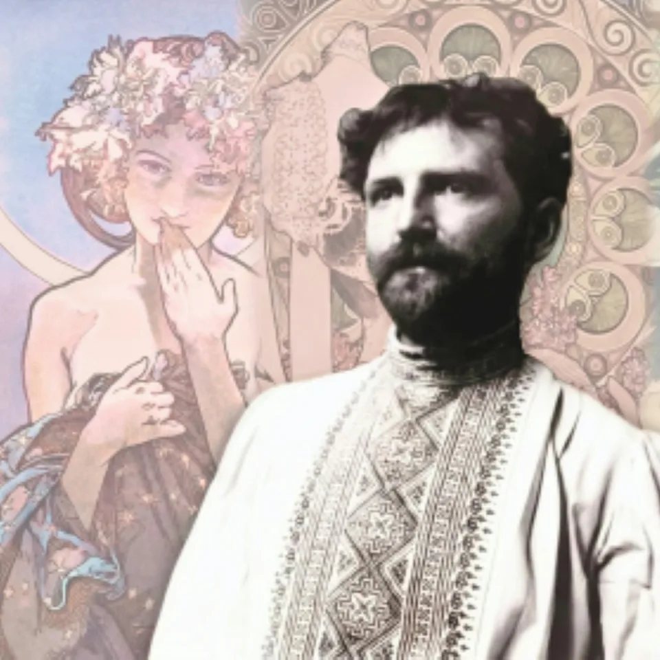 Portrait of Alfons Mucha with Art Nouveau artwork