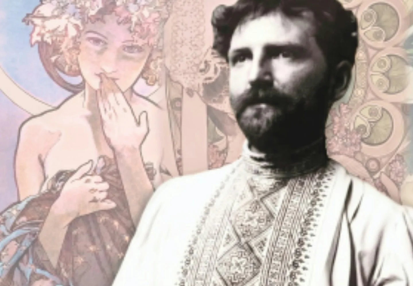 Portrait of Alfons Mucha with Art Nouveau artwork