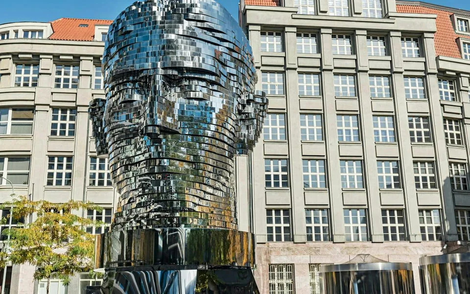 Reflective sculpture of Franz Kafka’s head in Prague
