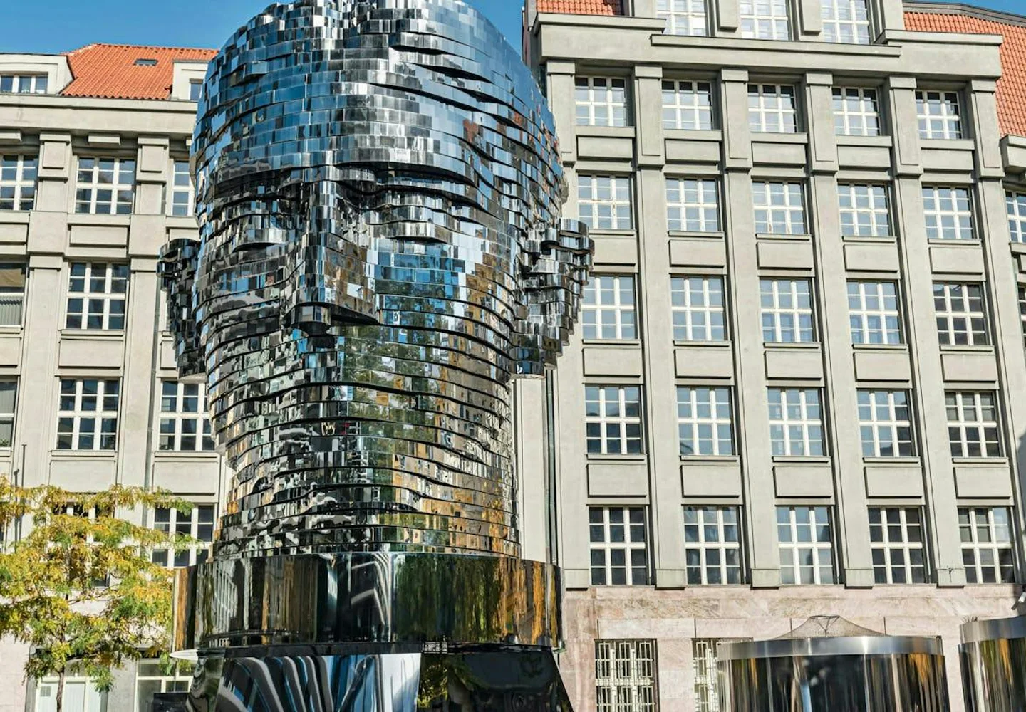 Reflective sculpture of Franz Kafka’s head in Prague