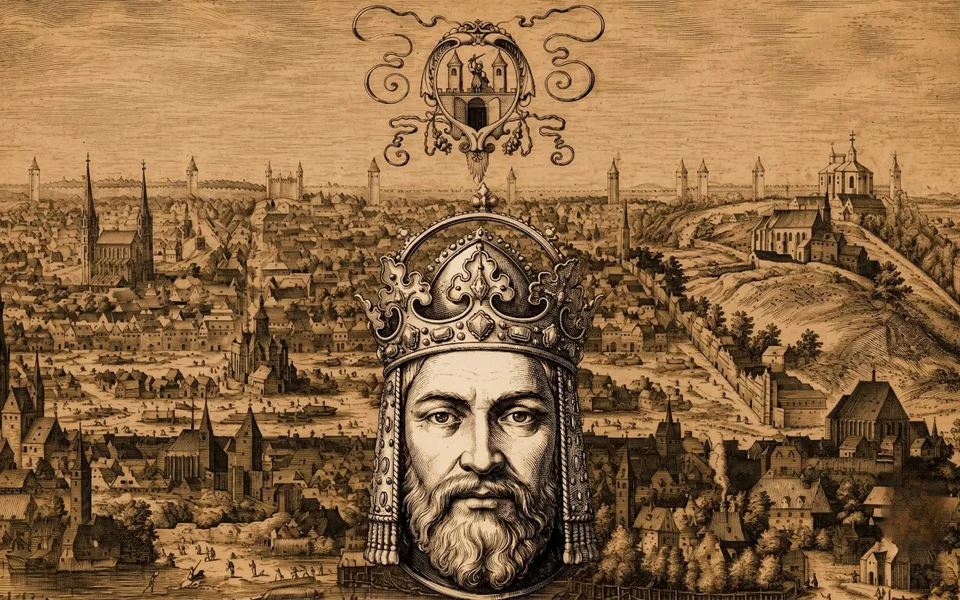Portrait of Charles IV over an illustration of historic Prague