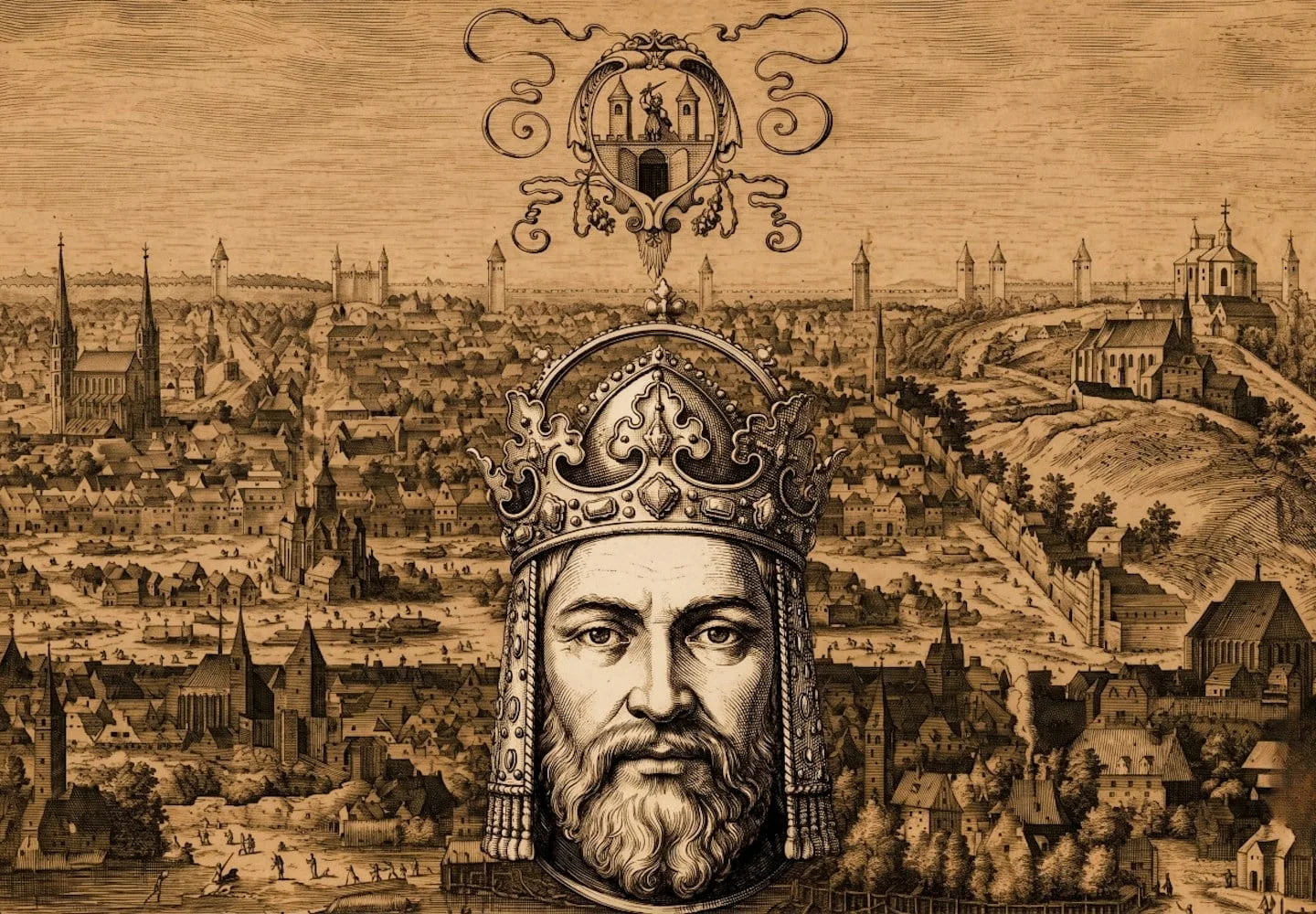 Portrait of Charles IV over an illustration of historic Prague