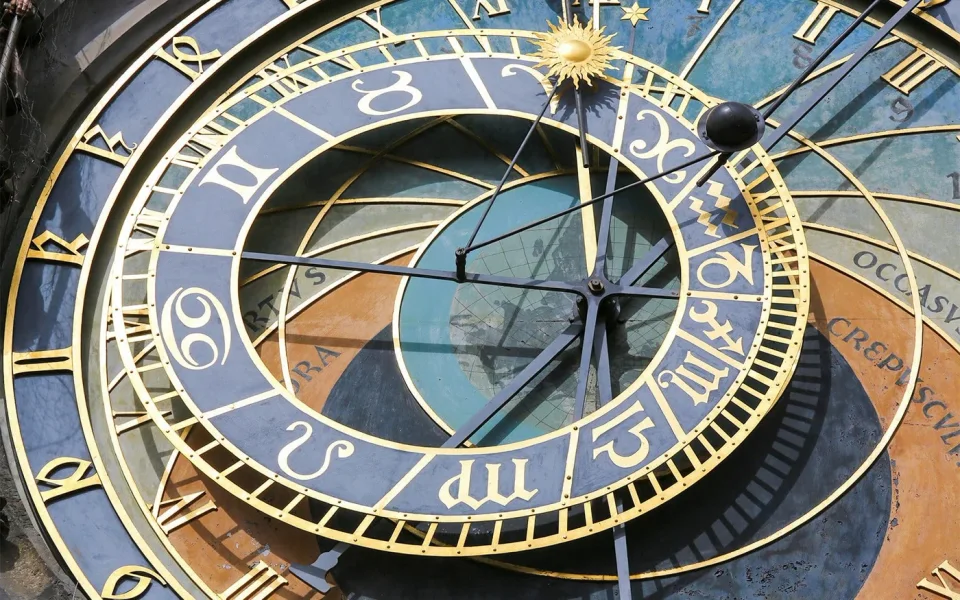 Close view of the Astronomical Clock dial in Prague