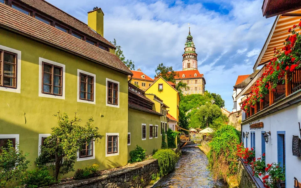 Colourful buildings and castle tower in Český Krumlov