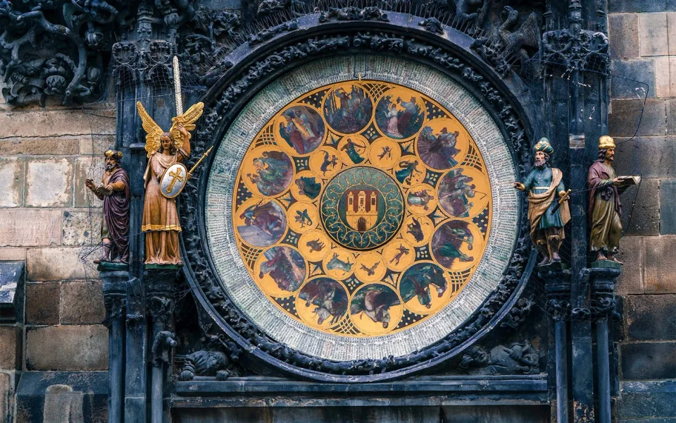 Decorated clock face on Prague’s Old Town Hall